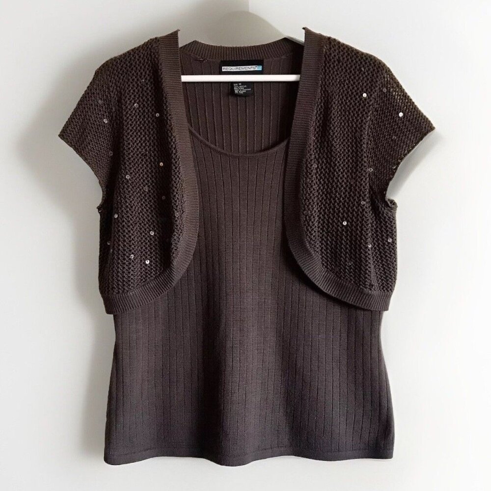 Requirements Brown‎ Sequin Y2K Top Short Sleeve Cardigan Size Medium